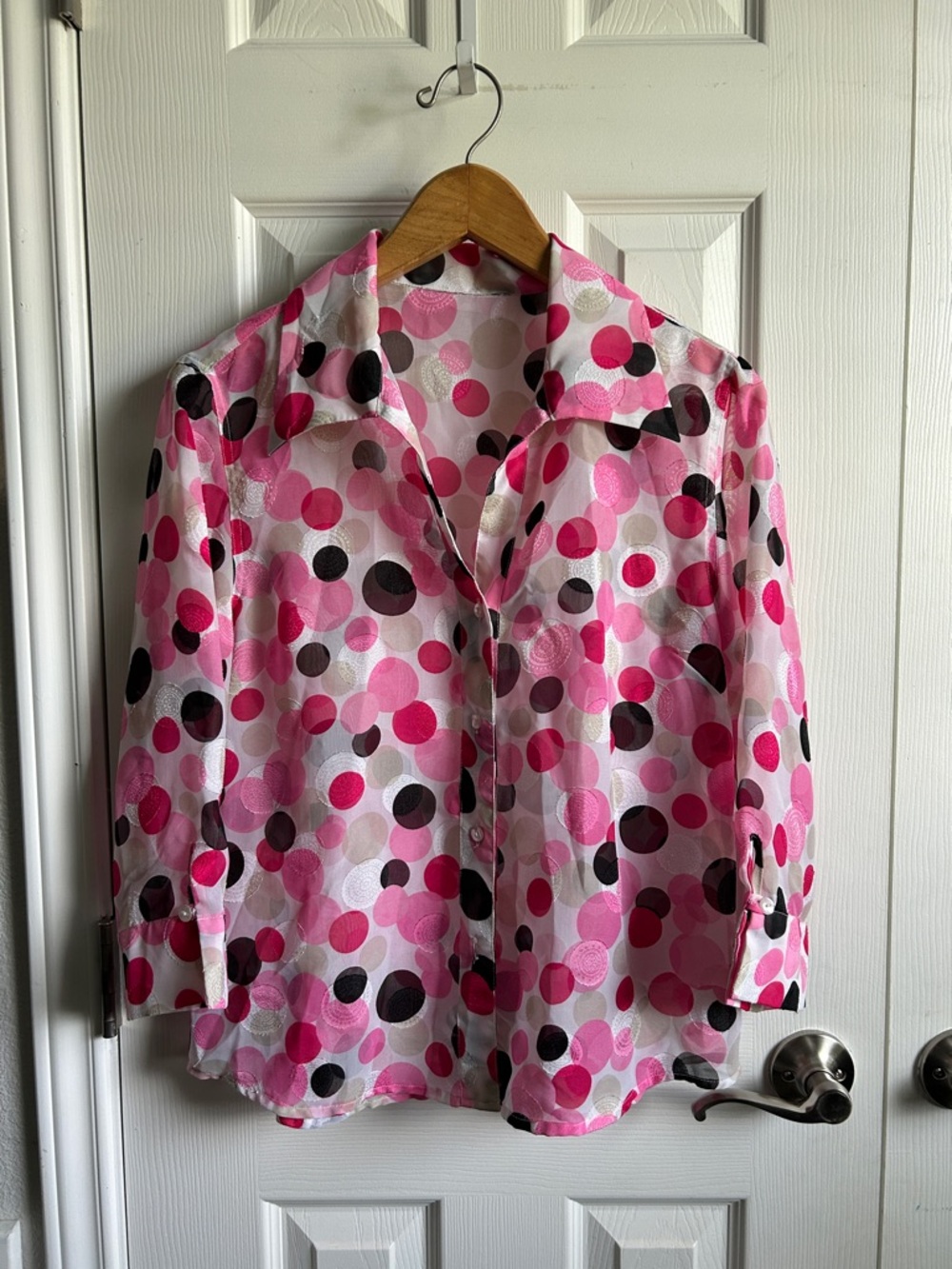 Abstract polka dot 3/4 sleeve sheer button down blouse